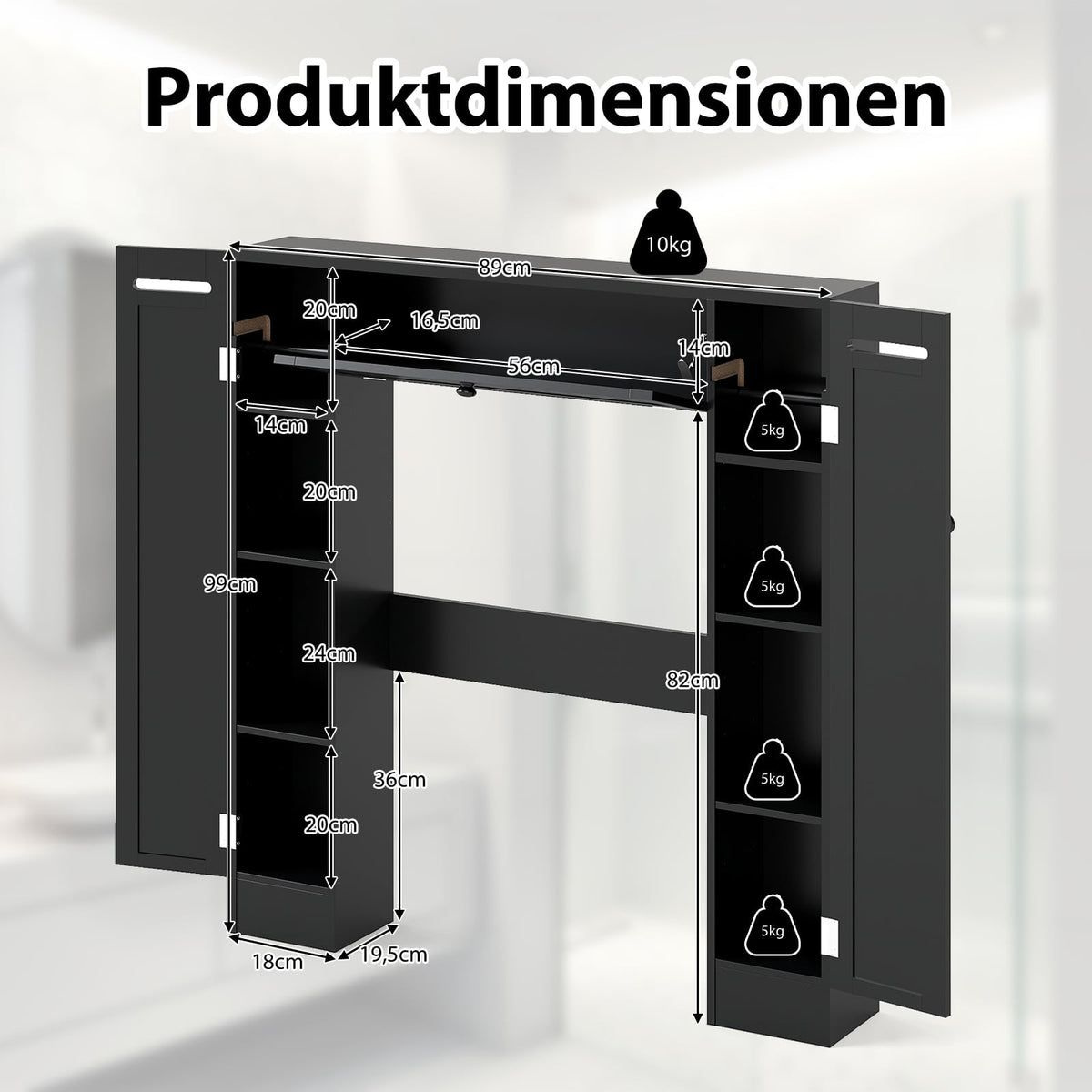 Over-Toilet Bathroom Cabinet, Adjustable Shelves, Black