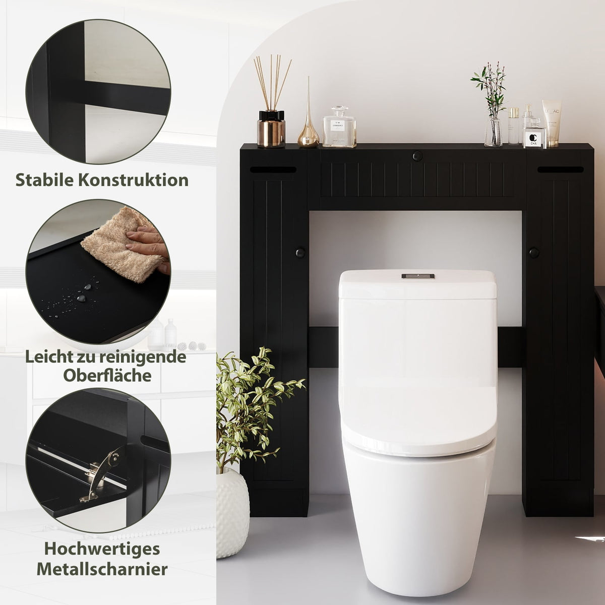 Over-Toilet Bathroom Cabinet, Adjustable Shelves, Black
