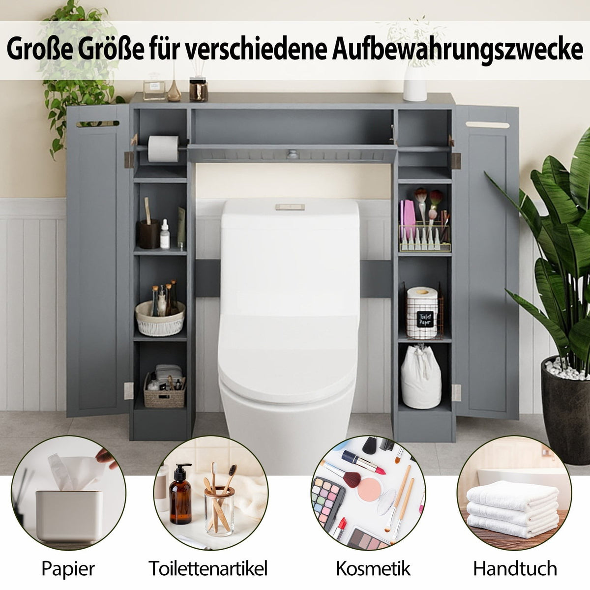 Over-Toilet Bathroom Cabinet with Adjustable Shelves, Gray