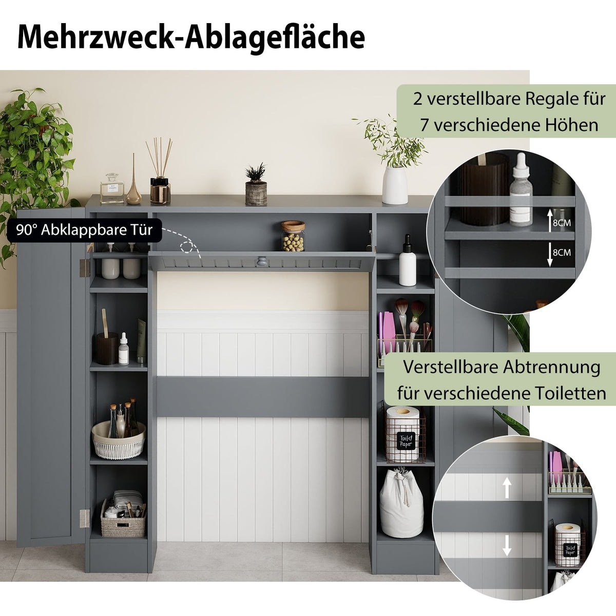 Over-Toilet Bathroom Cabinet with Adjustable Shelves, Gray