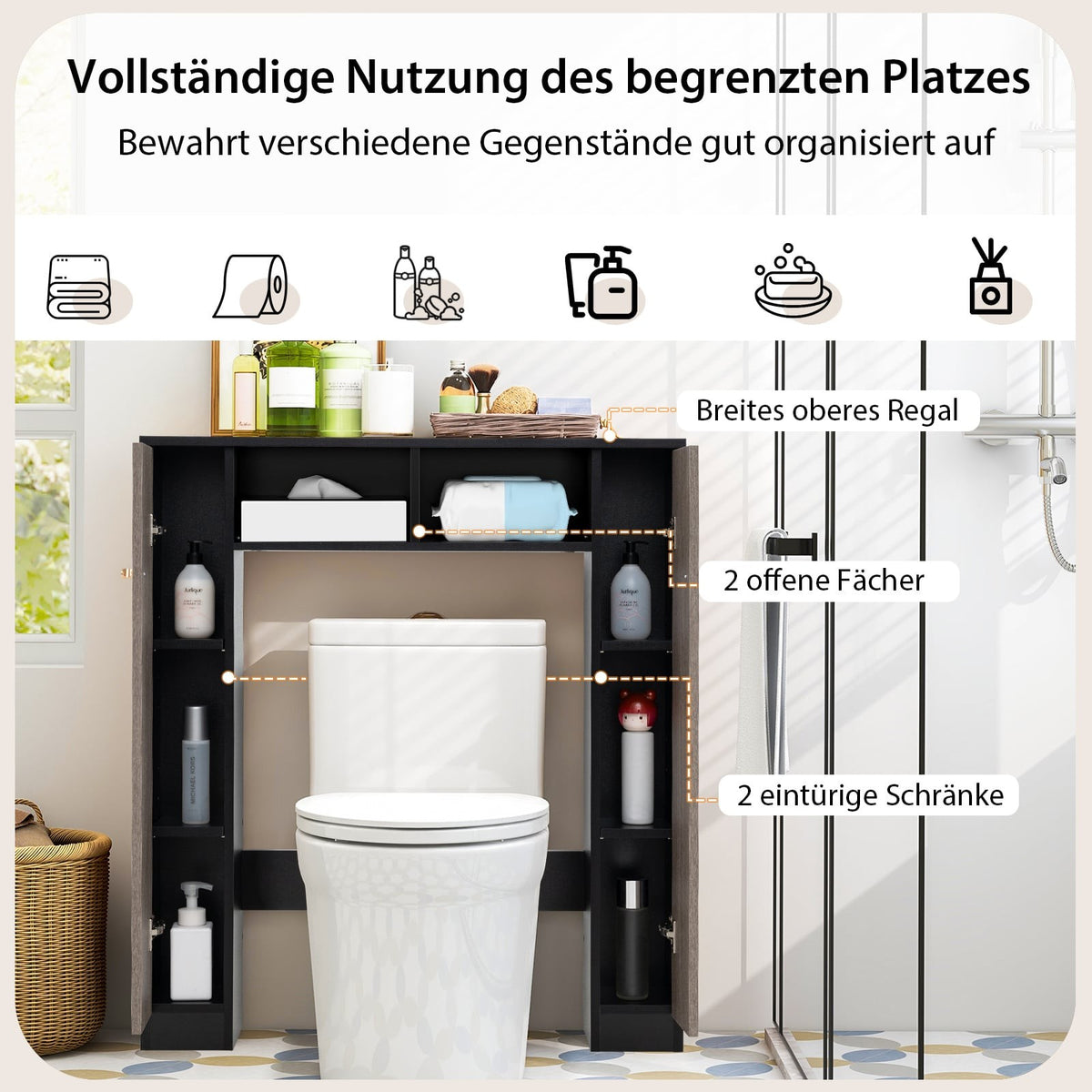Over-Toilet Bathroom Shelf with Double Doors, Black