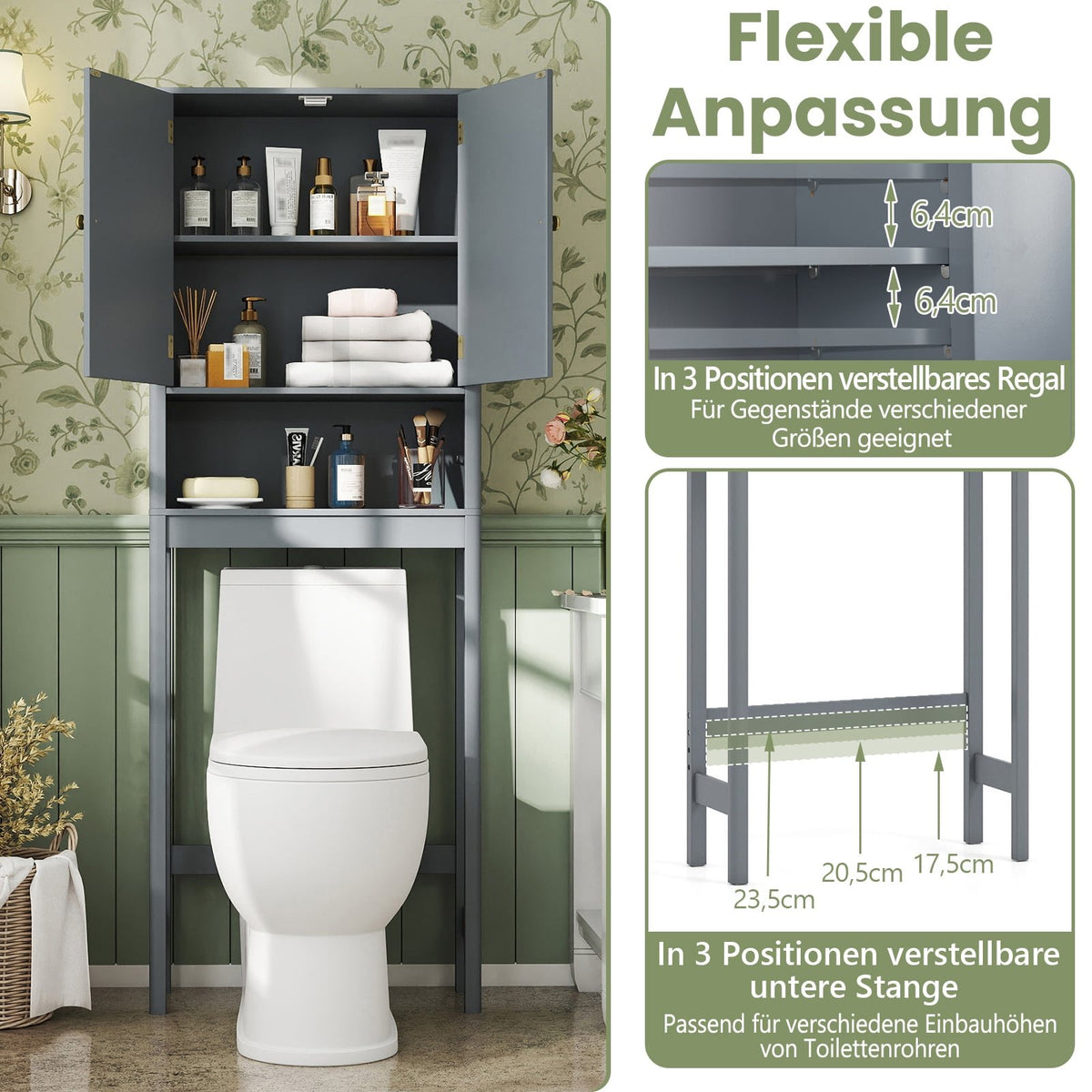 Over-Toilet Cabinet with Adjustable Shelf, Gray MDF