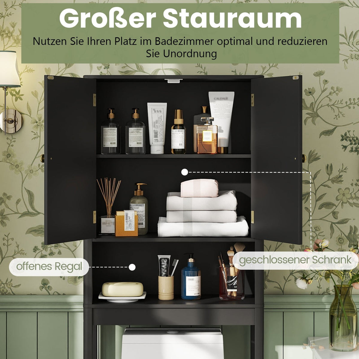Over-Toilet Storage Cabinet, Adjustable Shelf, Black