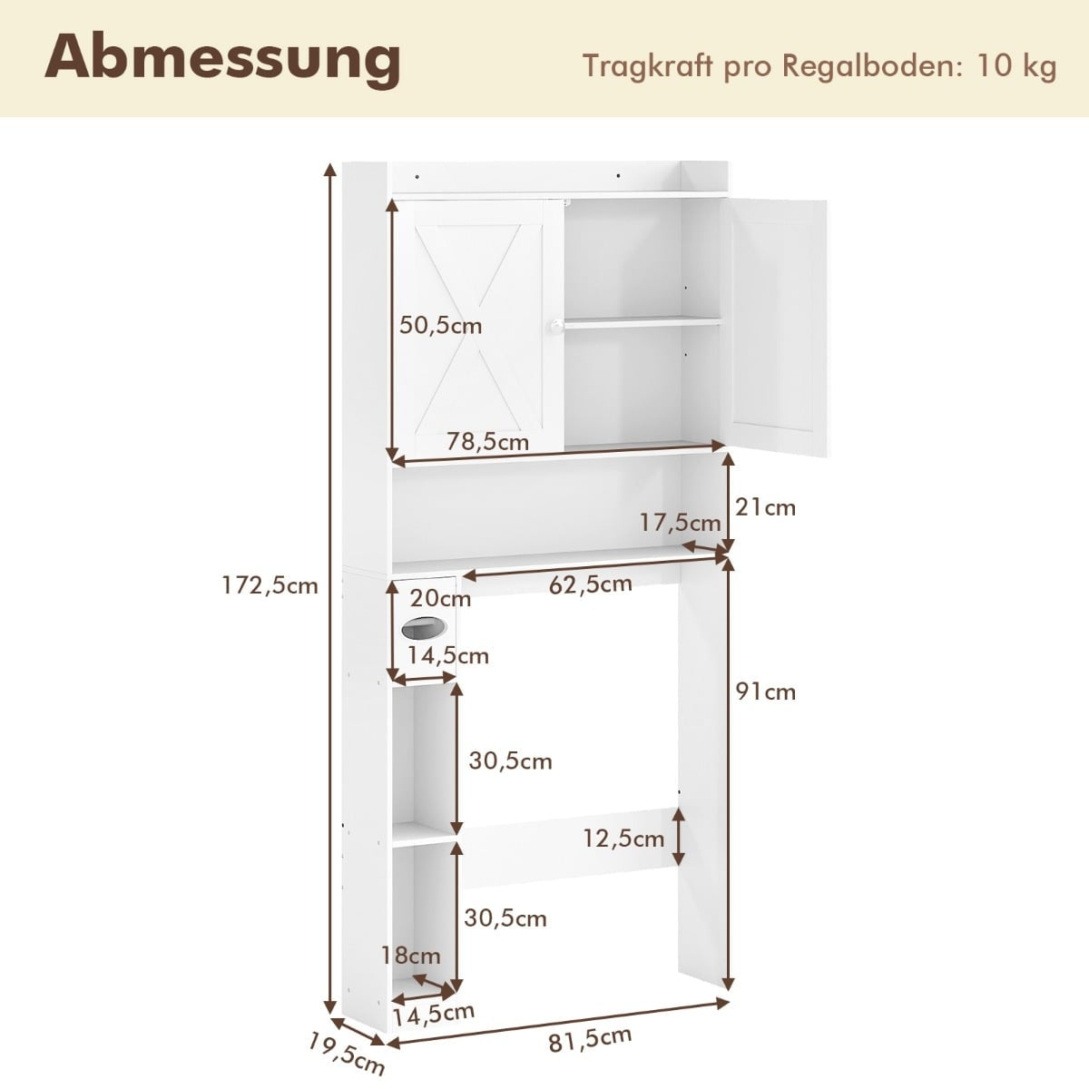 Over-Toilet Storage Cabinet, Adjustable Shelves, White