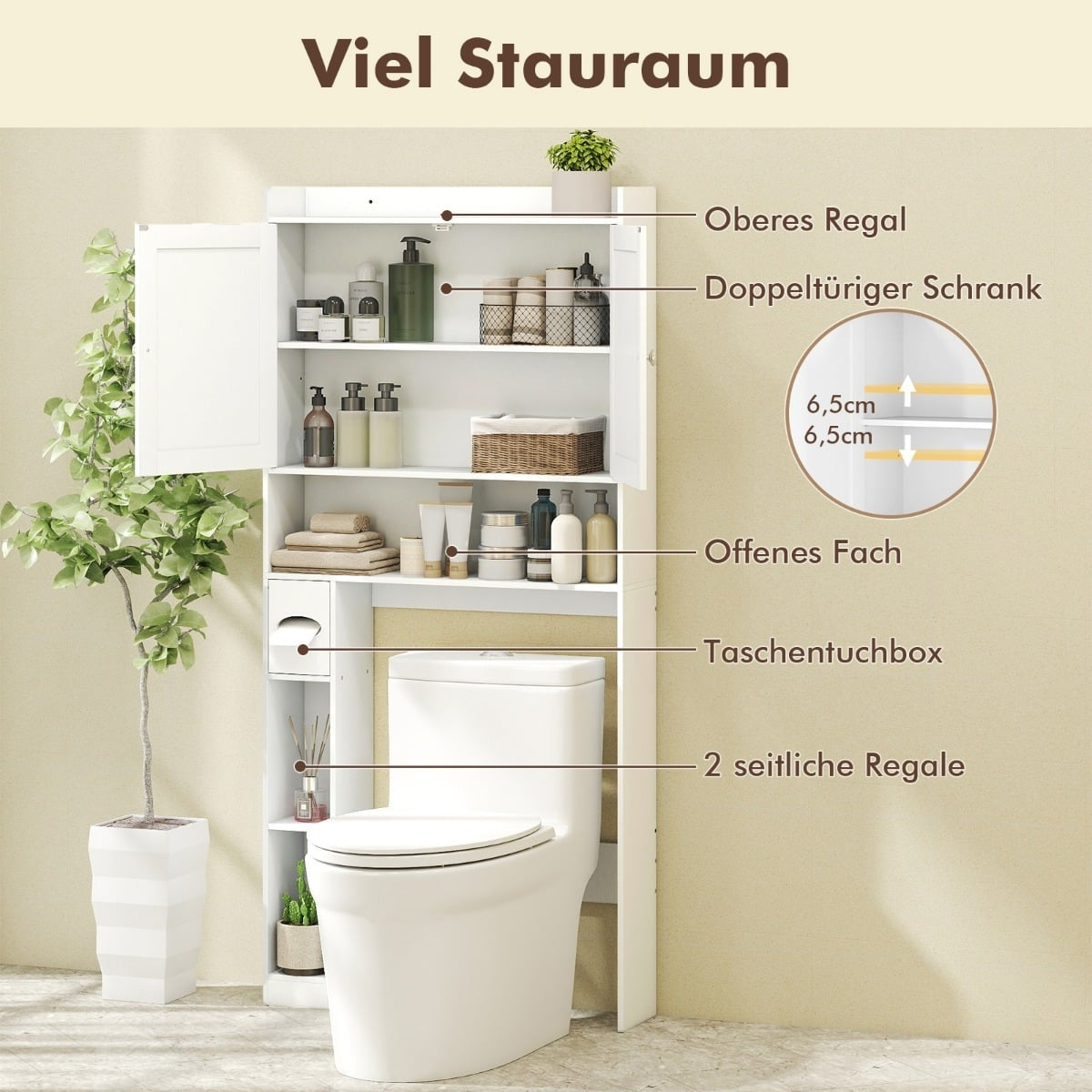Over-Toilet Storage Cabinet, Adjustable Shelves, White