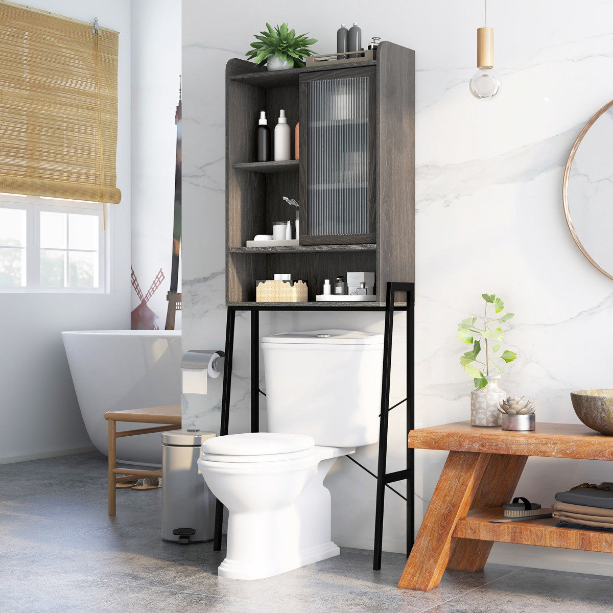Over Toilet Storage Cabinet – Sliding Acrylic Door, Adjustable Shelves
