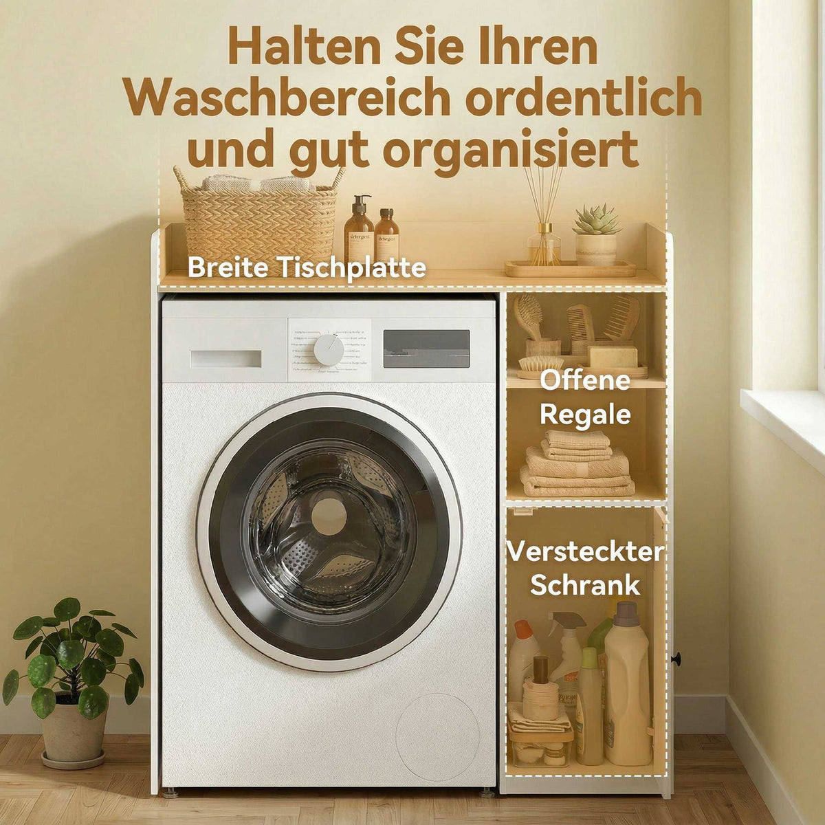 Over-Washer Cabinet with Soft-Close Hinges, White/Natural