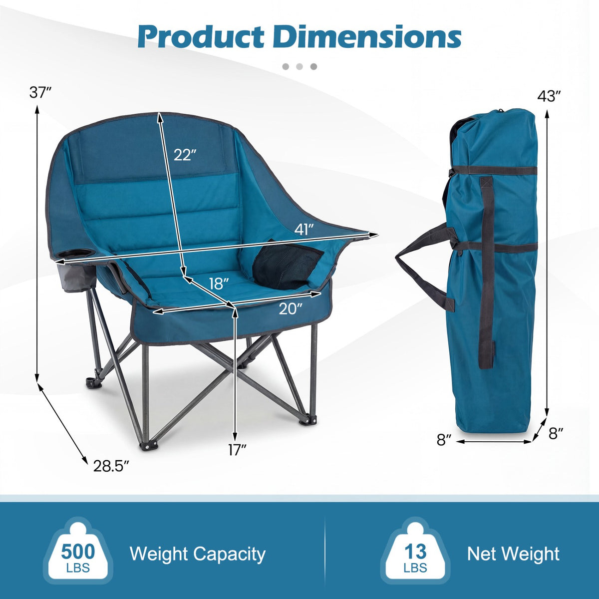 Oversized Camping Chair with Cup Holder – Blue, 500 lbs Capacity