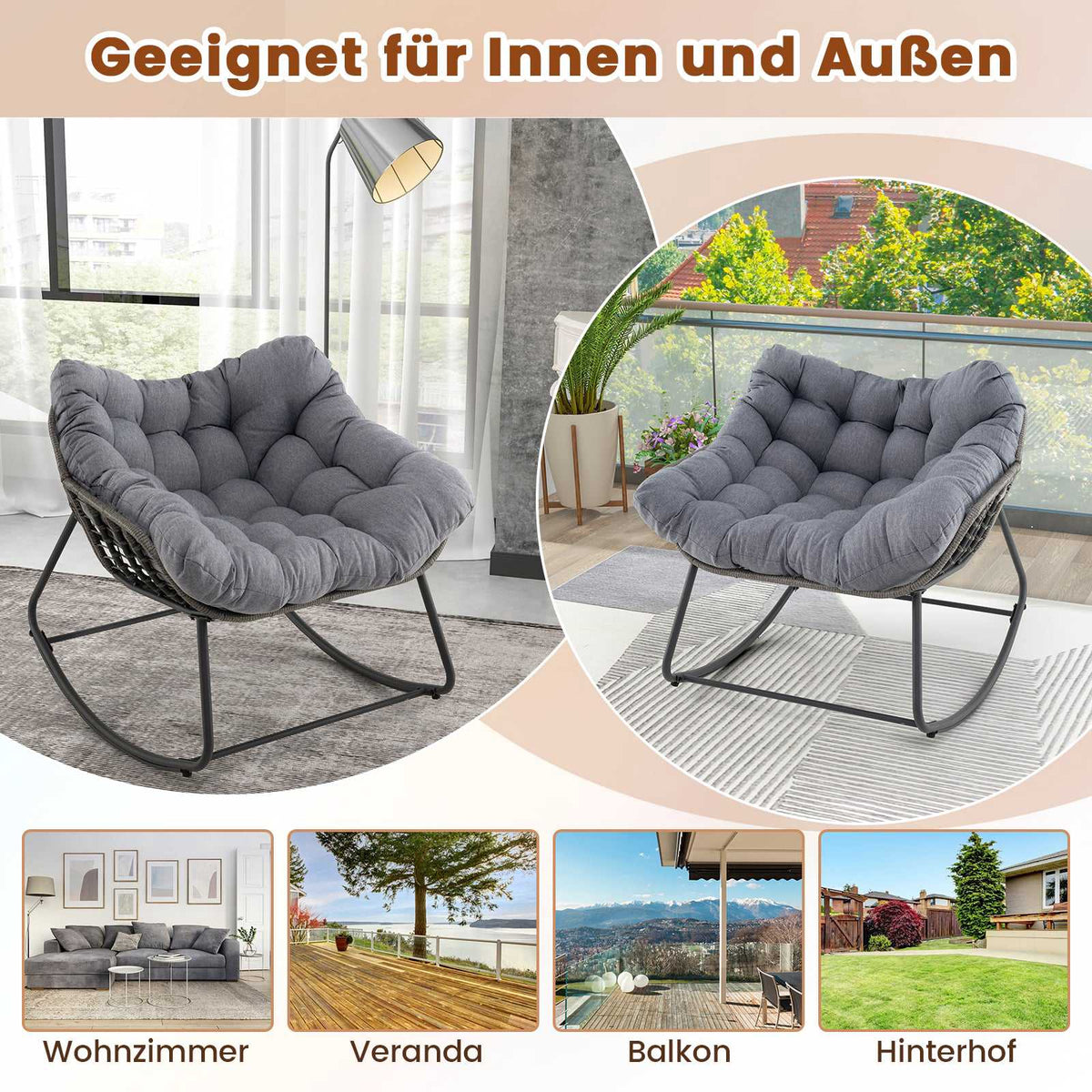 Oversized Gray Rocking Chair with Removable Cushion