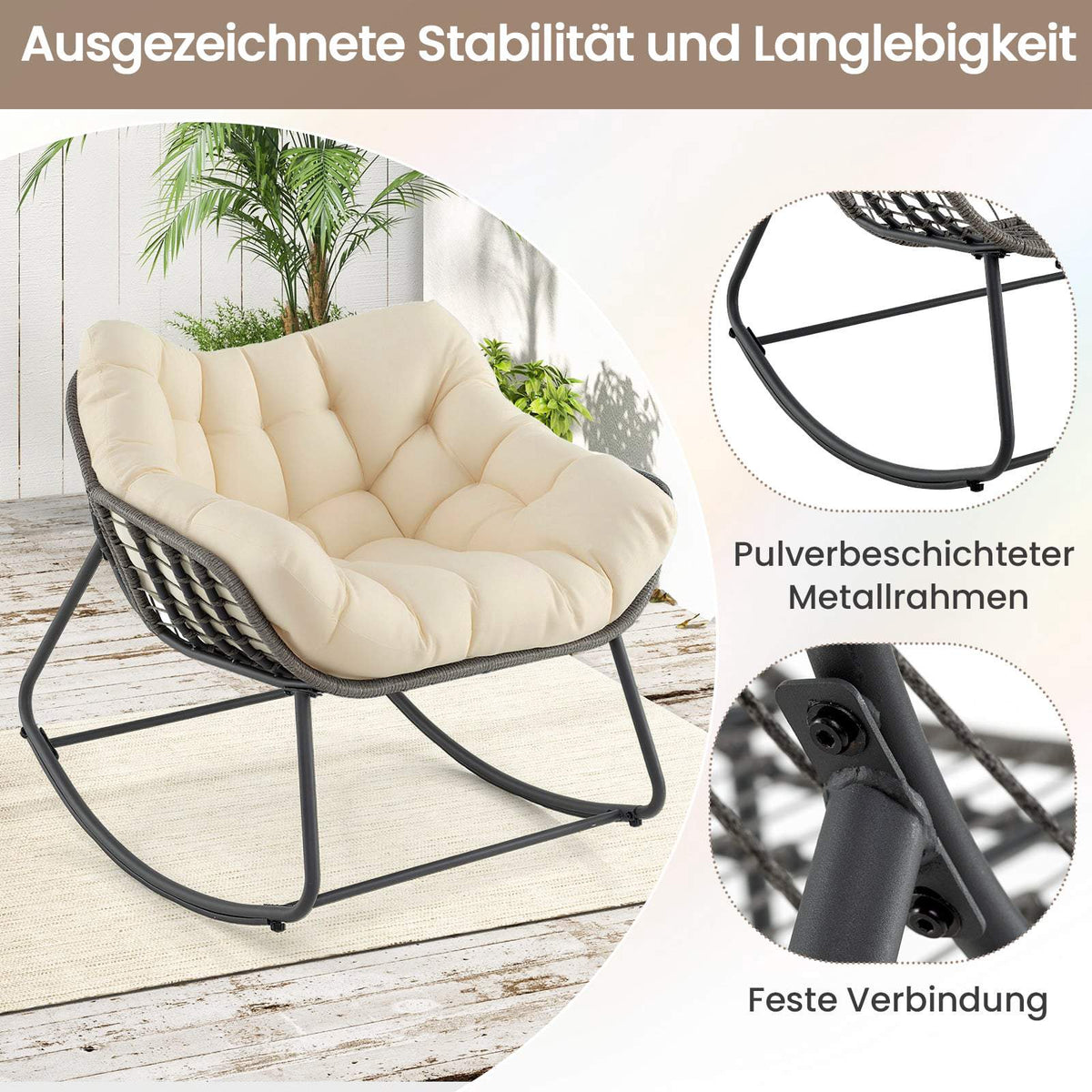 Oversized Patio Wicker Egg Chair with Cushion, Beige