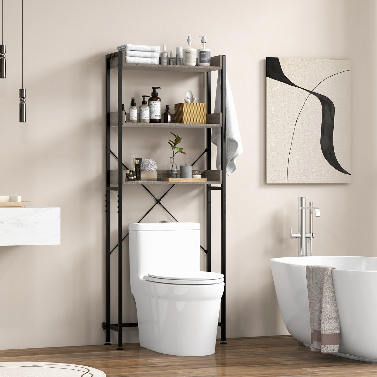 Over-the-Toilet Storage Rack, 3-Shelf, Hooks, Adjustable Bar