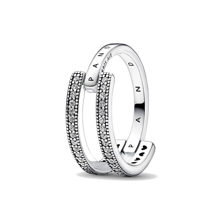 PANDORA JEWELS Mod. SIGNATURE LOGO & PAVE DOUBLE BAND - RING - Size 54