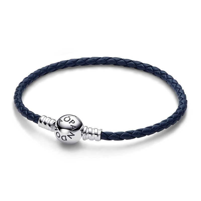 PANDORA MOMENTS COLLECTION Mod. ROUND CLASP BLUE BRAIDED LEATHER BRACELET