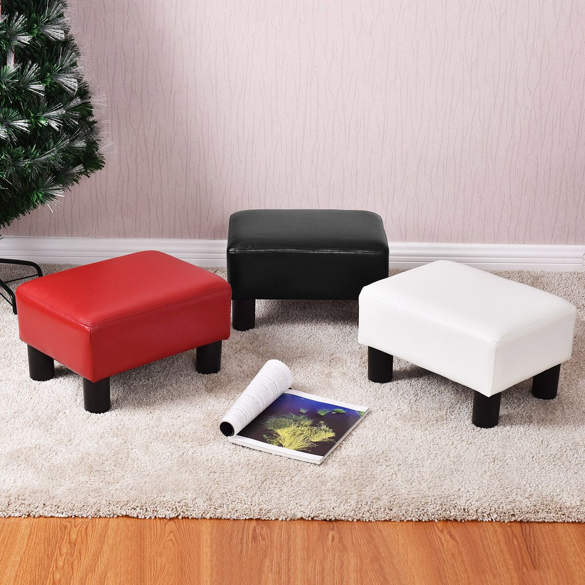 PU Leather Ottoman Footstool, Black, 150 kg Capacity
