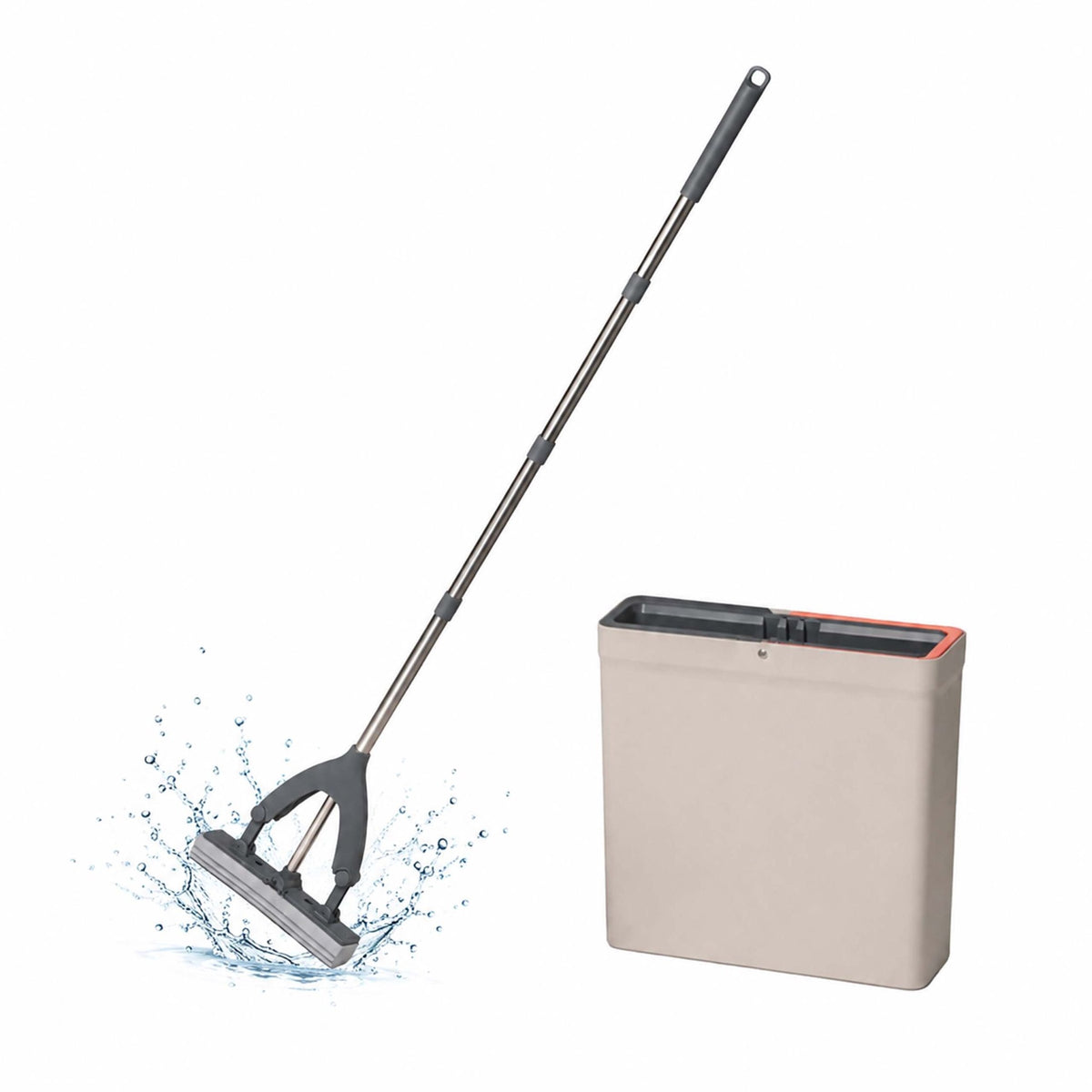 PVA Sponge Mop Set with 3-Chamber Bucket, Stainless Handle