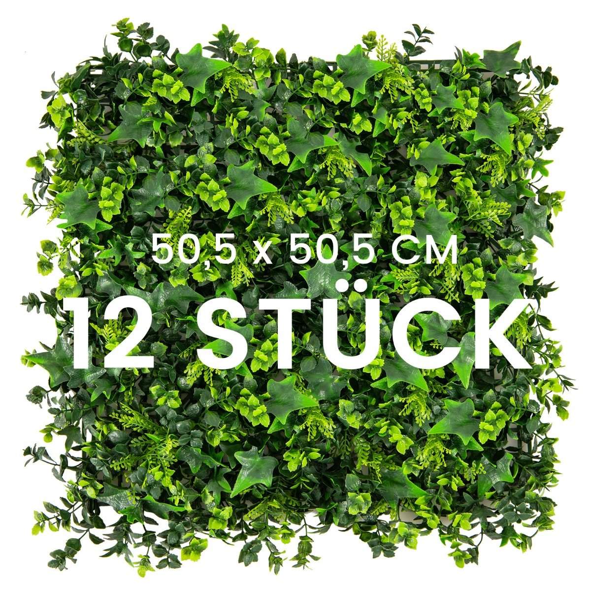 Pack of 12 Artificial Hedge Plant Wall 50.5 x 50.5 cm UV Protected Mixed Leaves