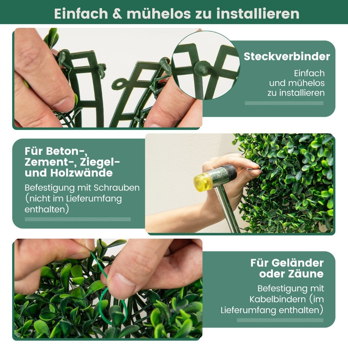 Pack of 12 artificial hedge plant wall 50 x 50 cm panels with boxwood leaves green