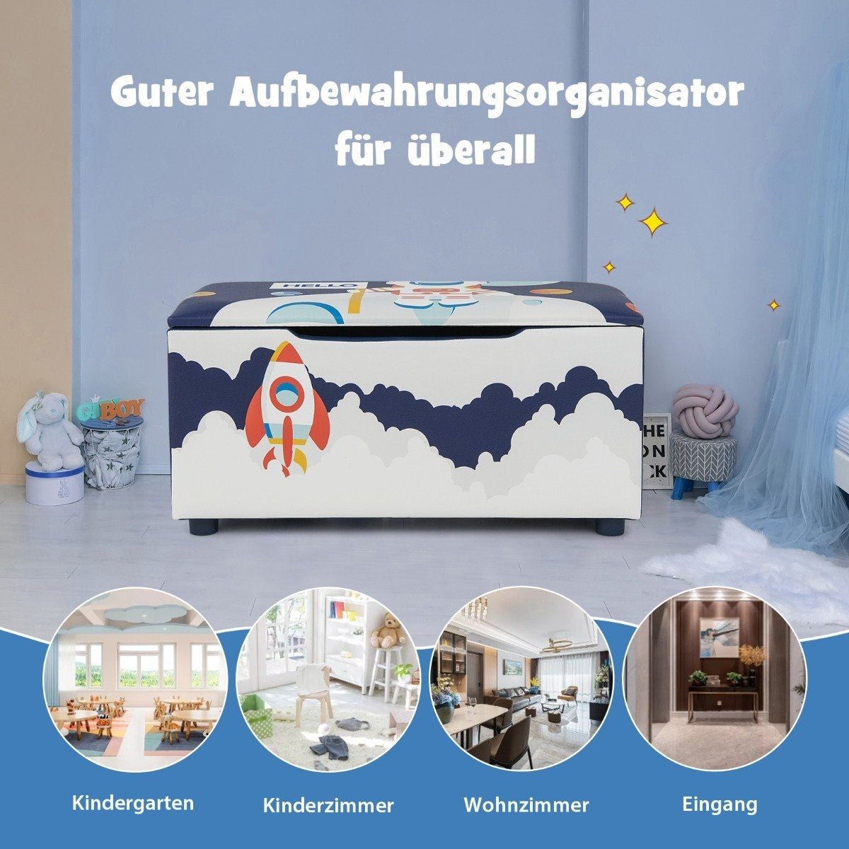 Padded toy box with removable lid & rocket & planet pattern navy blue
