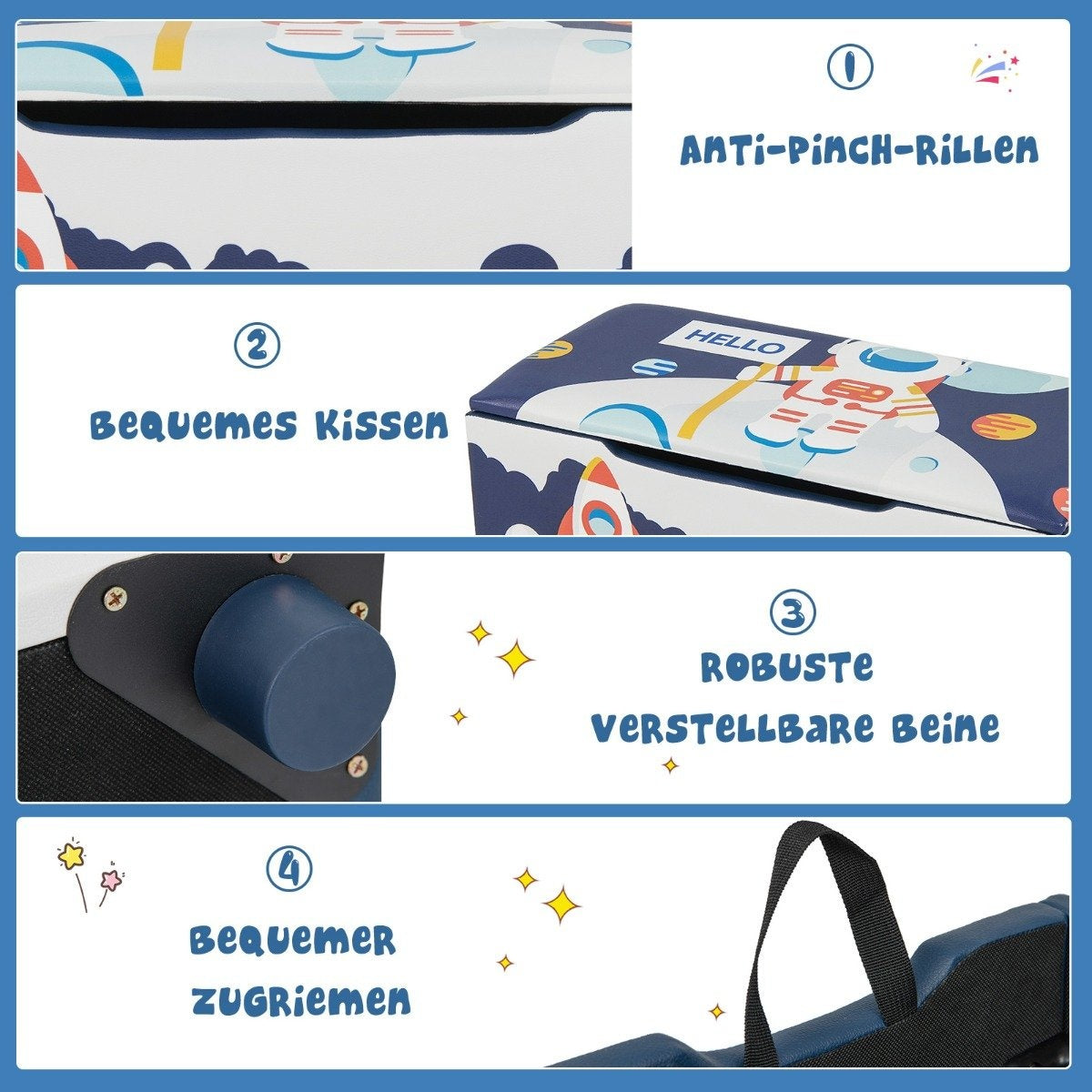 Padded toy box with removable lid & rocket & planet pattern navy blue