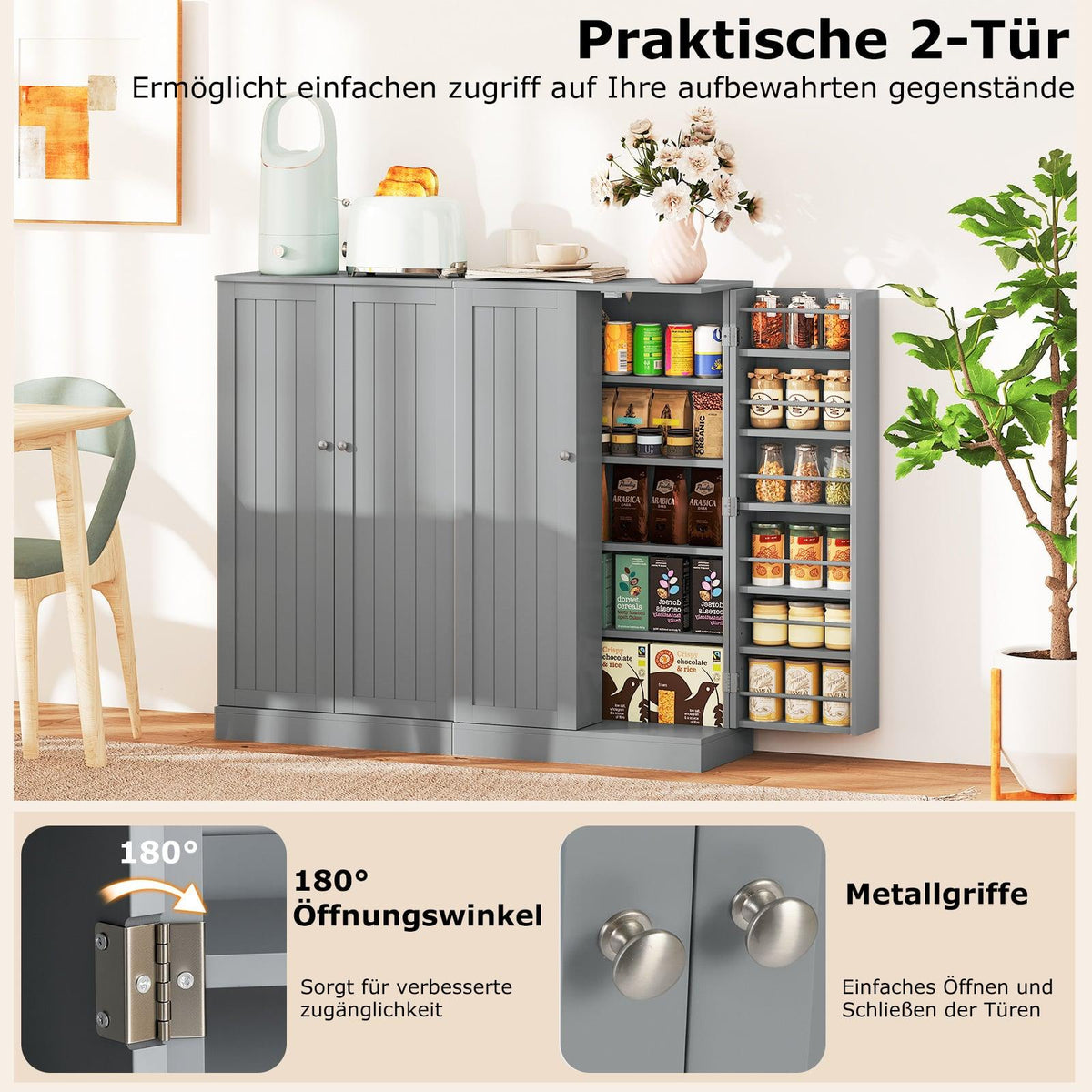 Pantry Cabinet with Adjustable Shelves, 104 cm, Grey