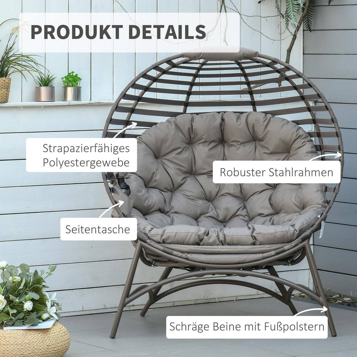 Papasan Chair Garden Chair 2 Baskets Cushions Oval Lounge Chair Foldable Balcony Patio Sand Brown Steel 118X75X139Cm