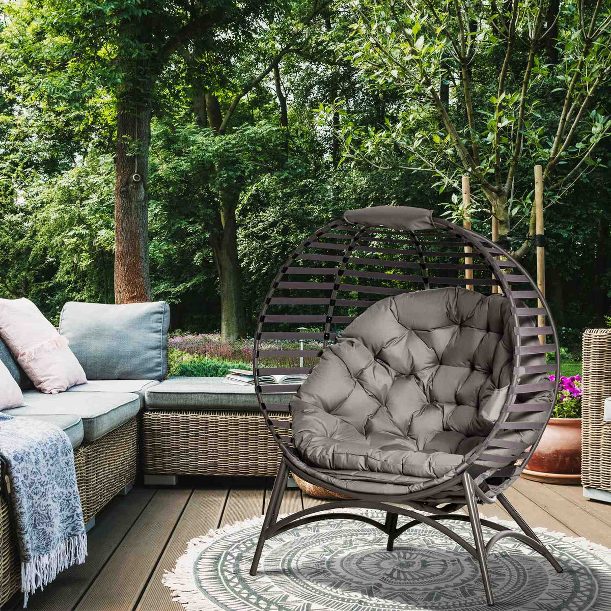 Papasan Chair Garden Chair 2 Baskets Cushions Oval Lounge Chair Foldable Balcony Patio Sand Brown Steel 118X75X139Cm