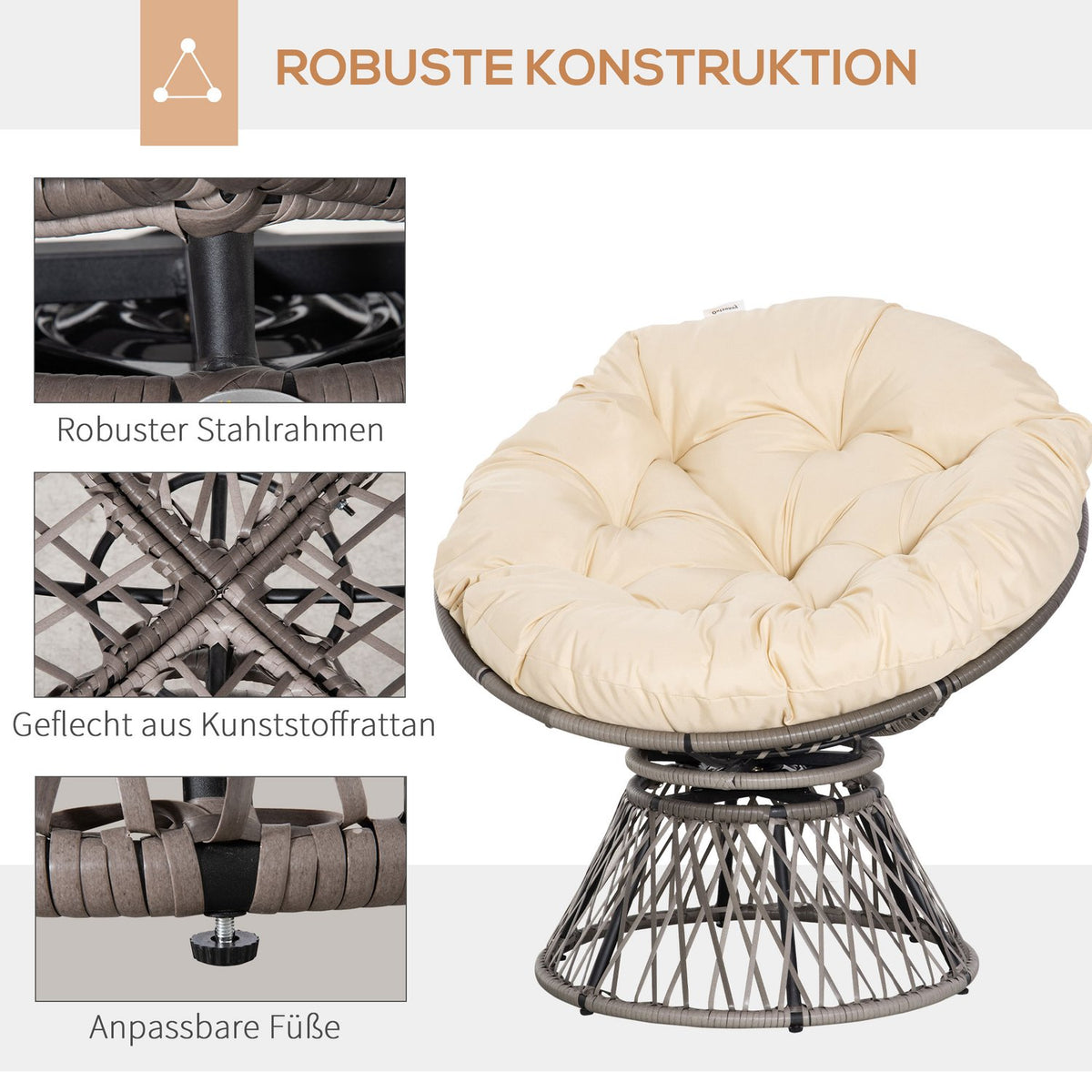 Papasan Chair Wicker Chair Lounger With Seat Cushion 360 Degree Artificial Rattan Metal Frame 87 X 97 X 86 Cm Cream