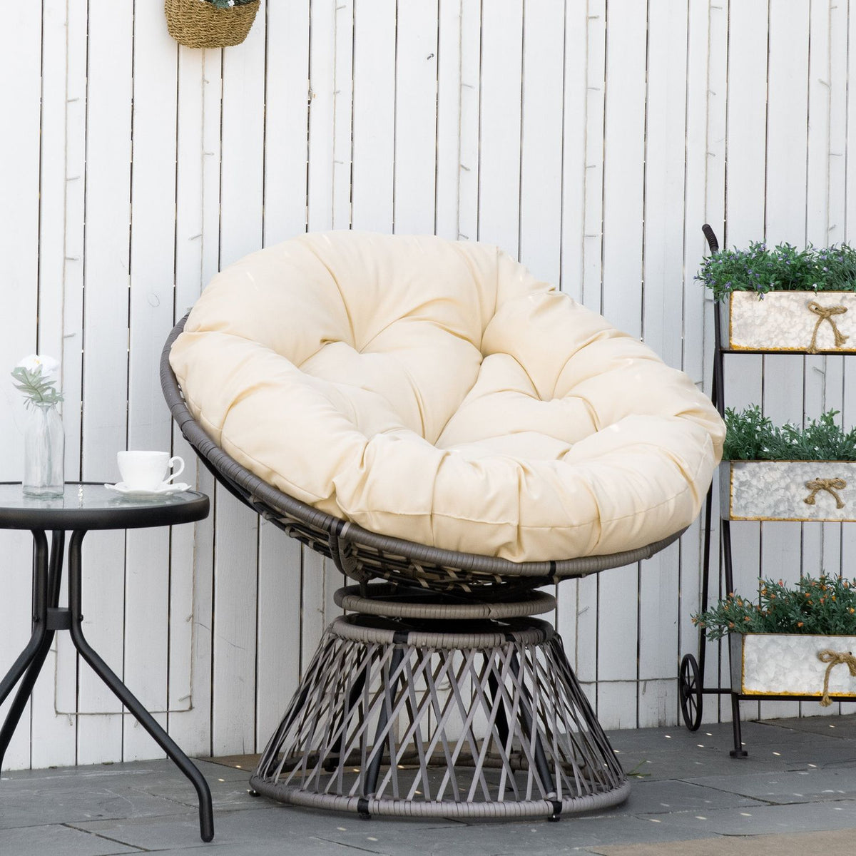 Papasan Chair Wicker Chair Lounger With Seat Cushion 360 Degree Artificial Rattan Metal Frame 87 X 97 X 86 Cm Cream