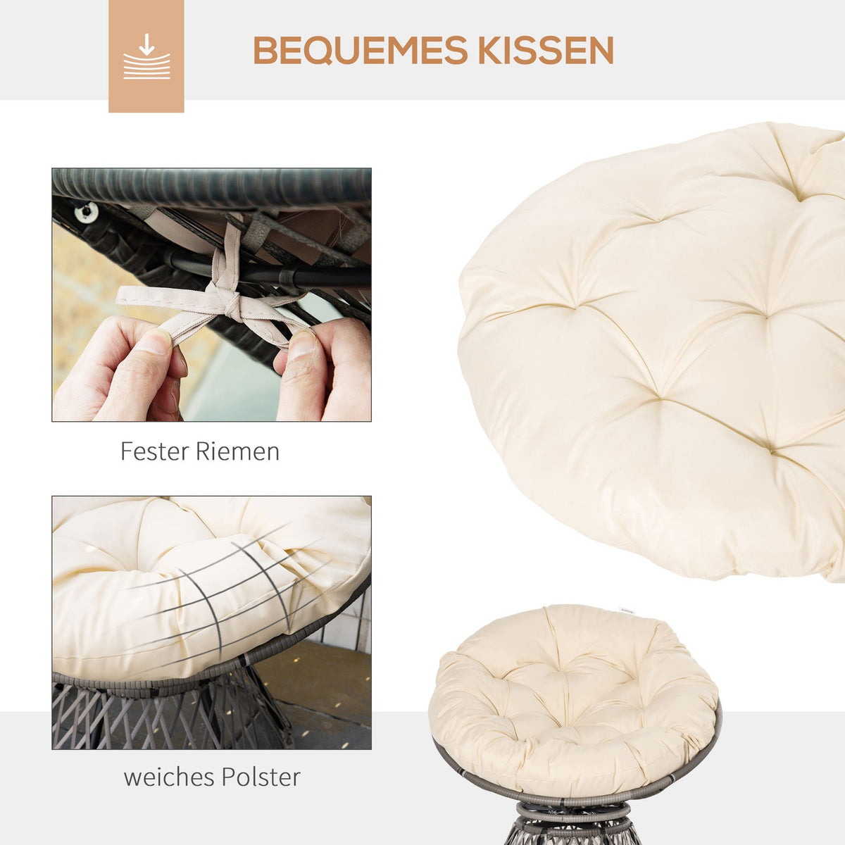 Papasan Chair Wicker Chair Lounger With Seat Cushion 360 Degree Artificial Rattan Metal Frame 87 X 97 X 86 Cm Cream