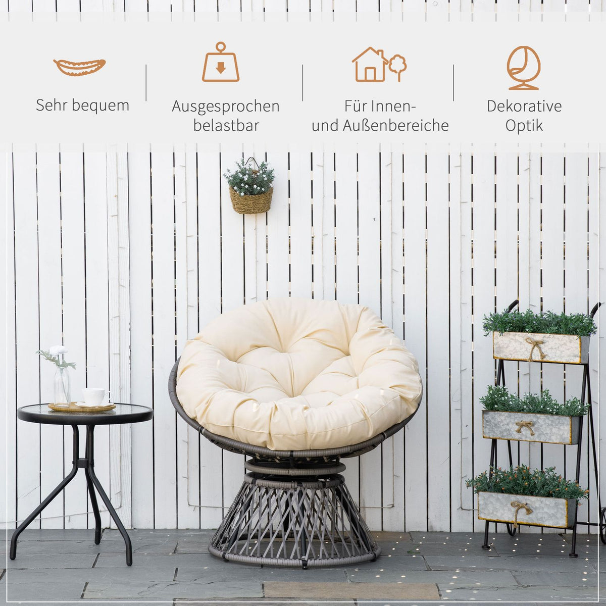Papasan Chair Wicker Chair Lounger With Seat Cushion 360 Degree Artificial Rattan Metal Frame 87 X 97 X 86 Cm Cream