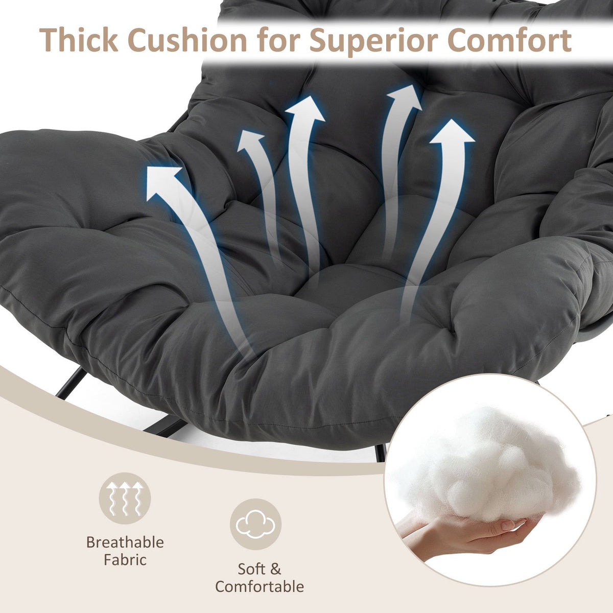 Papasan Rocking Chair With Padded Cushion, Metal Frame, Grey