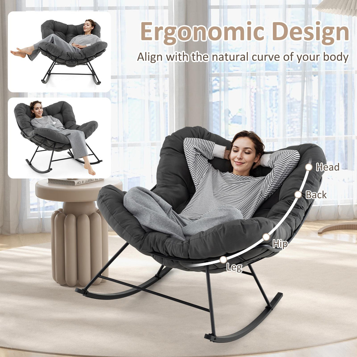 Papasan Rocking Chair With Padded Cushion, Metal Frame, Grey