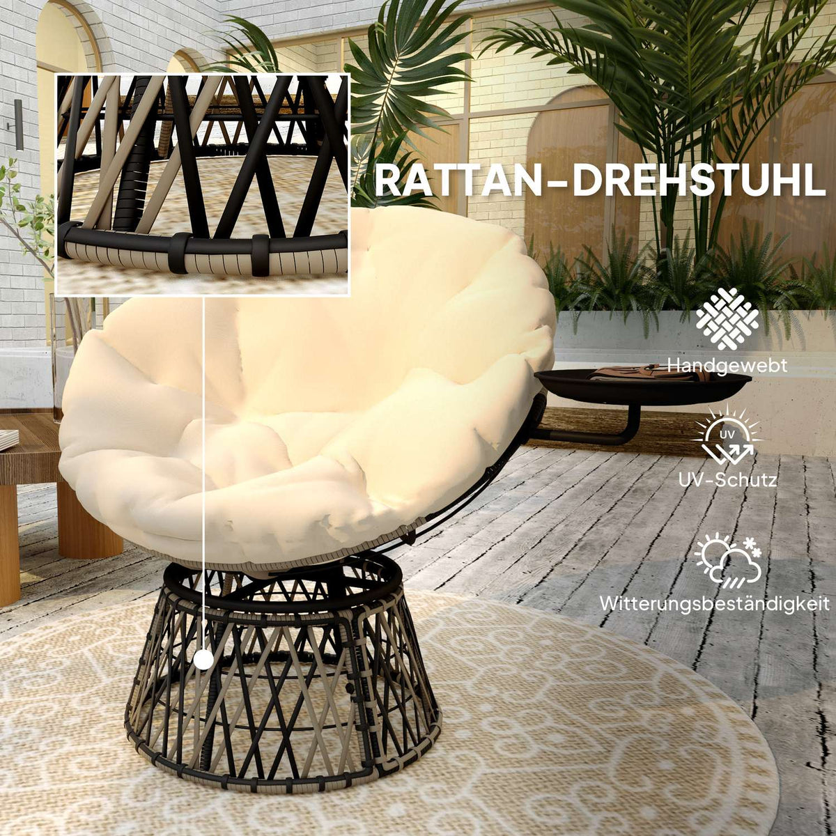 Papasan chair rattan 360° rotating wicker chair with cushion diameter 90 cm round outdoor rattan chair swivel chair lounge chair recliner for living room garden balcony beige |