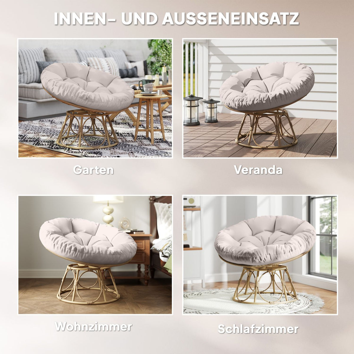 Papasan chair rattan 360° rotating wicker chair with seat cushion diameter 120 cm round outdoor rattan chair swivel chair lounge chair recliner for living room garden balcony light gray