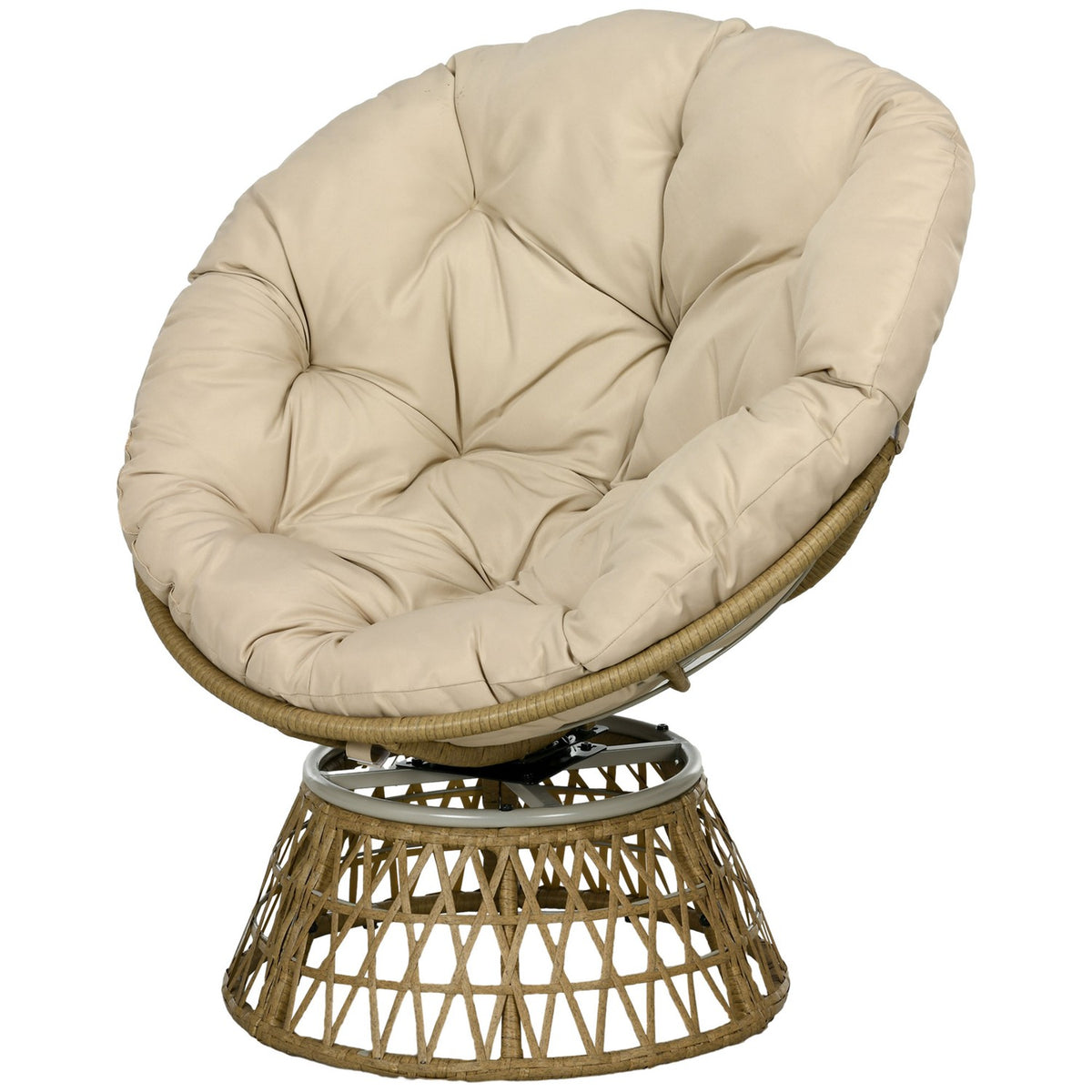 Papasan chair wicker chair rattan swivel chair with cushion 360 degree adjustable footrest 85x70x82 cm in khaki for garden and living room