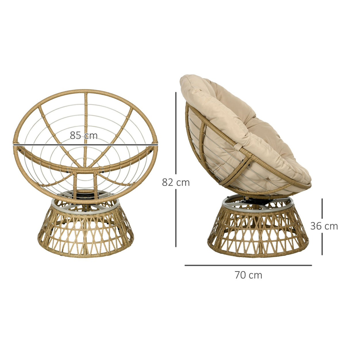 Papasan chair wicker chair rattan swivel chair with cushion 360 degree adjustable footrest 85x70x82 cm in khaki for garden and living room