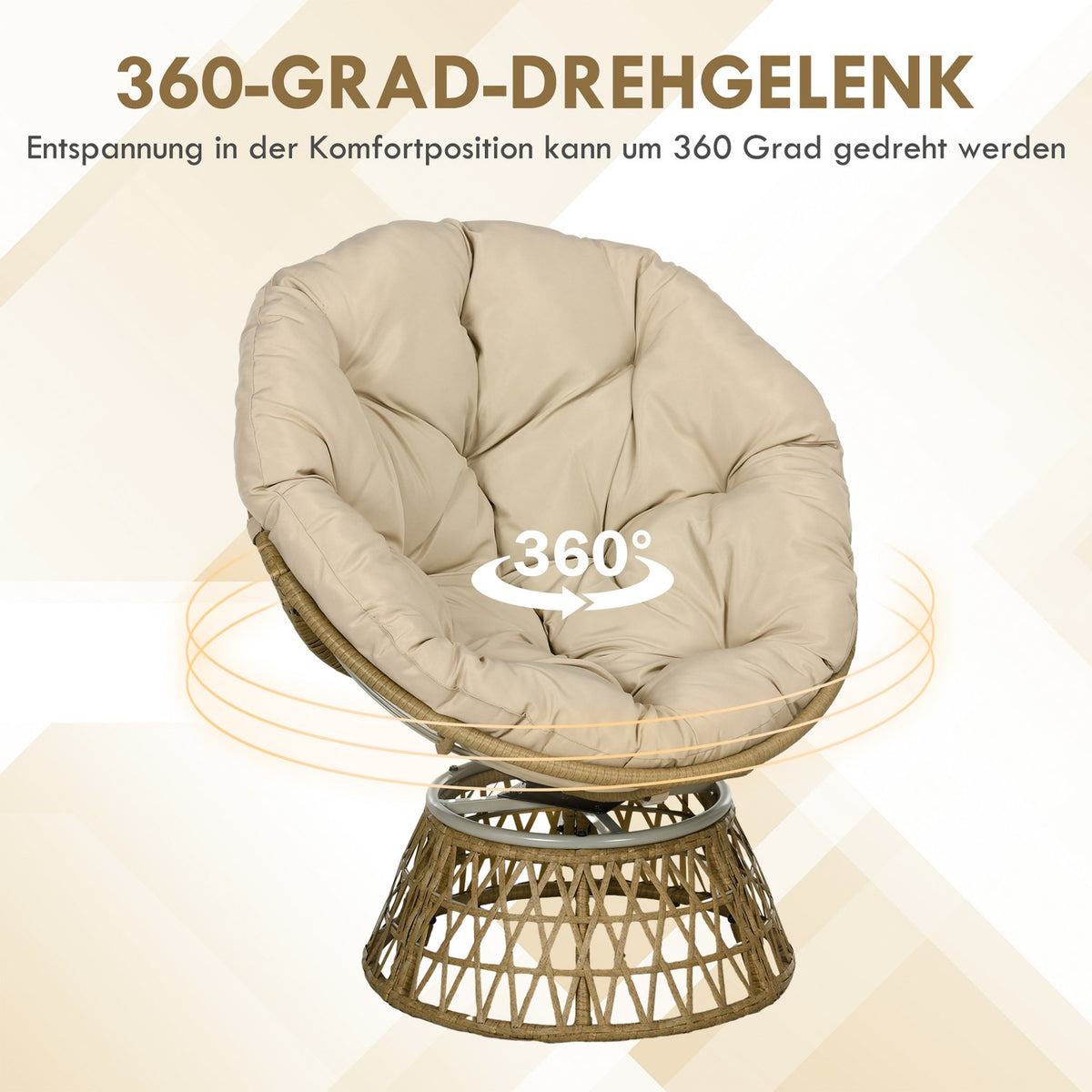 Papasan chair wicker chair rattan swivel chair with cushion 360 degree adjustable footrest 85x70x82 cm in khaki for garden and living room