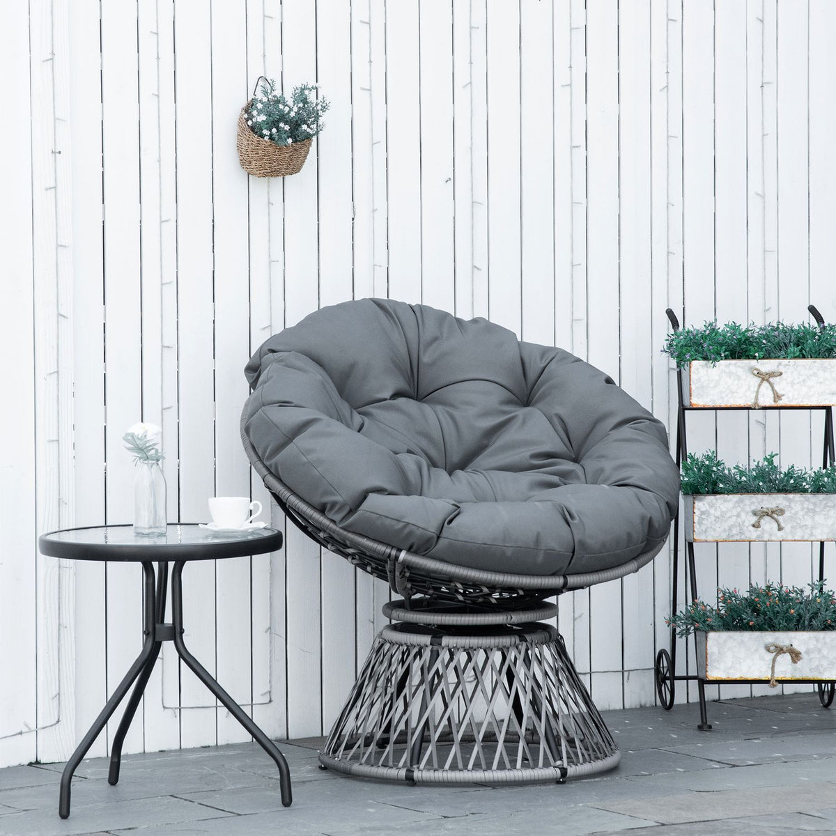Papasan chair wicker chair with upholstery 360 degree rattan gray W87 x D97 x H86 cm