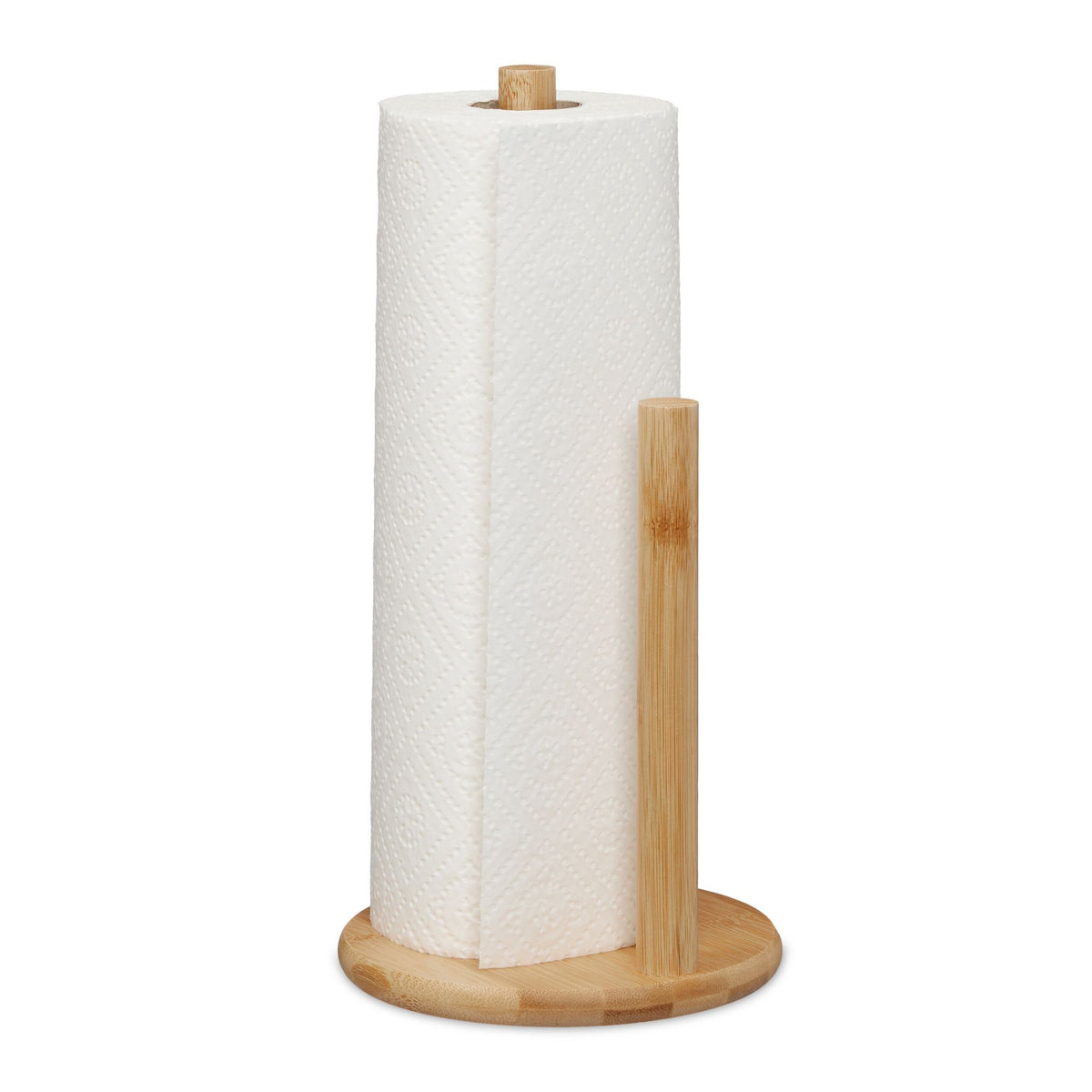 Paper towel holder with roll-off stop