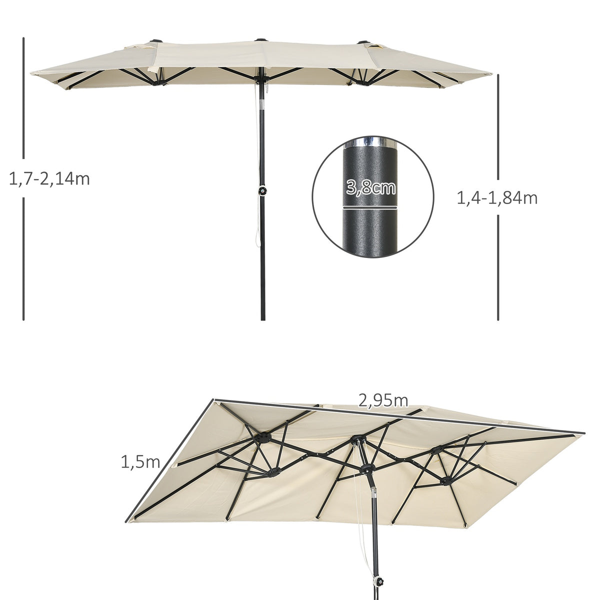 Parasol, 150 x 295cm Garden Umbrella, Double Parasol with Adjustable Tilt Angle, Market Umbrella for Patio, Polyester, Cream |