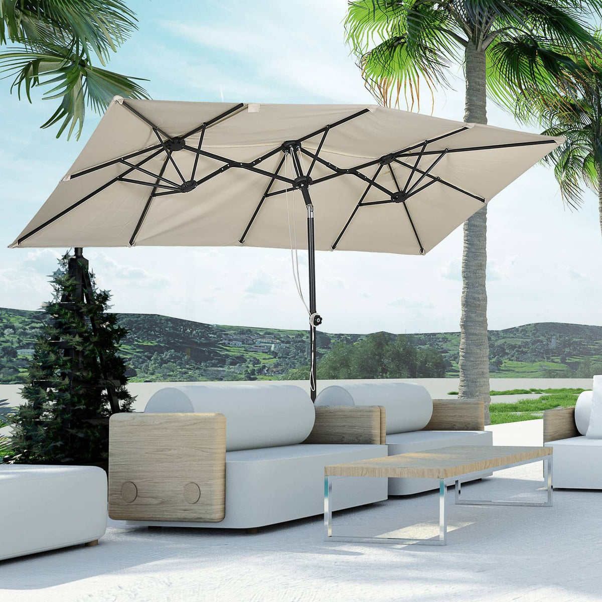 Parasol, 150 x 295cm Garden Umbrella, Double Parasol with Adjustable Tilt Angle, Market Umbrella for Patio, Polyester, Cream |