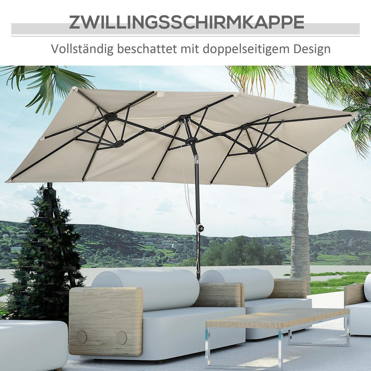 Parasol, 150 x 295cm Garden Umbrella, Double Parasol with Adjustable Tilt Angle, Market Umbrella for Patio, Polyester, Cream |