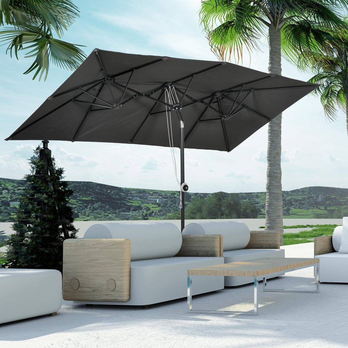 Parasol, 150 x 295cm Garden Umbrella, Double Parasol with Adjustable Tilt Angle, Market Umbrella for Patio, Polyester, Grey