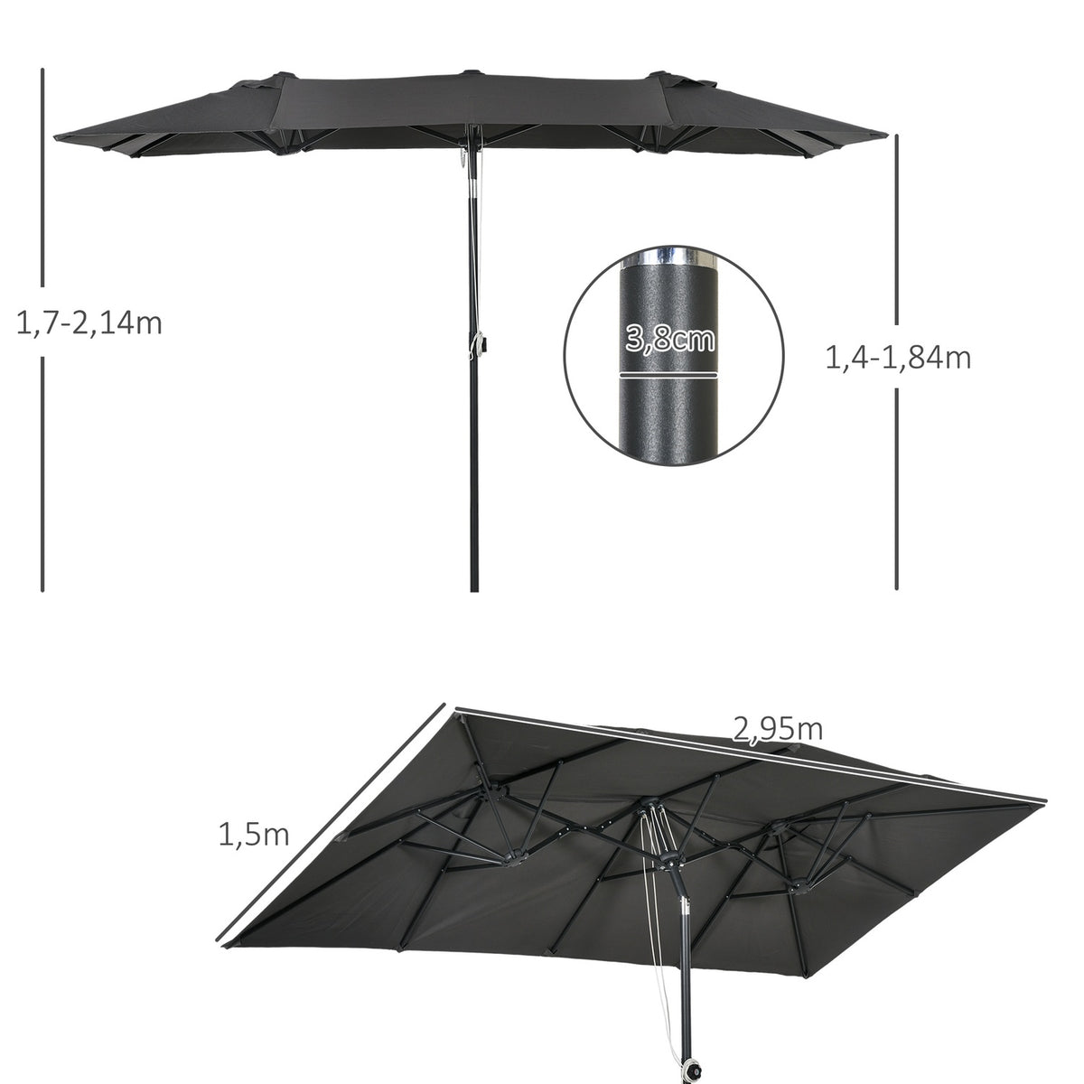 Parasol, 150 x 295cm Garden Umbrella, Double Parasol with Adjustable Tilt Angle, Market Umbrella for Patio, Polyester, Grey