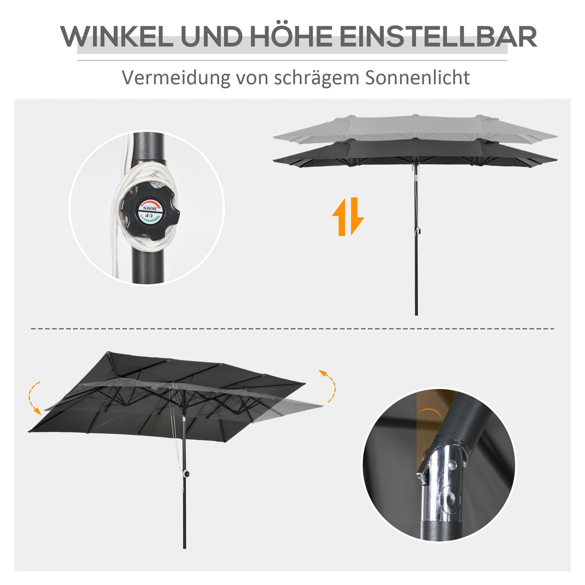 Parasol, 150 x 295cm Garden Umbrella, Double Parasol with Adjustable Tilt Angle, Market Umbrella for Patio, Polyester, Grey