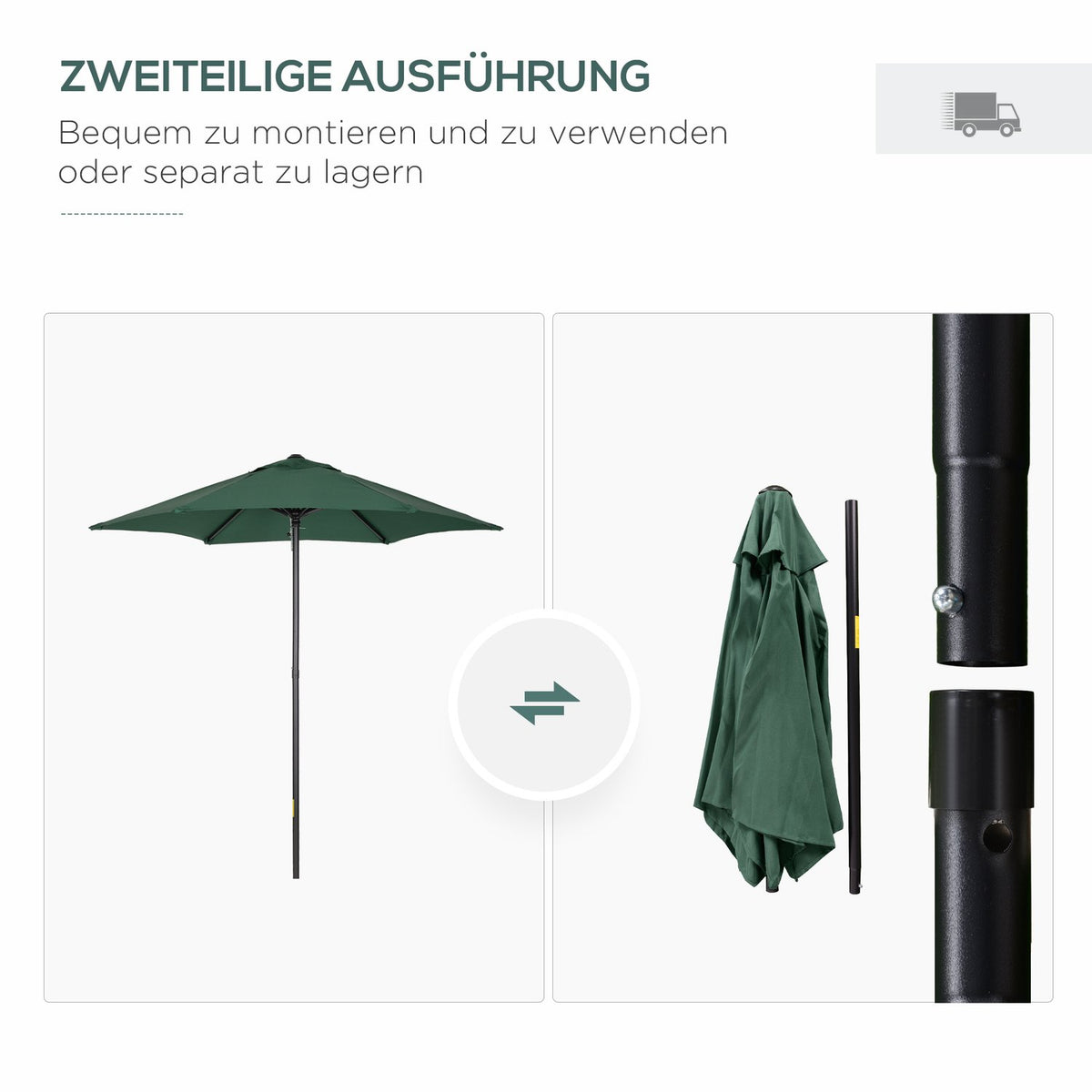 Parasol Ø196 cm, parasol with folding function, hexagonal balcony umbrella, beach umbrella, windproof, stable market umbrella, crank umbrella, sun protection for beach, balcony, garden, green