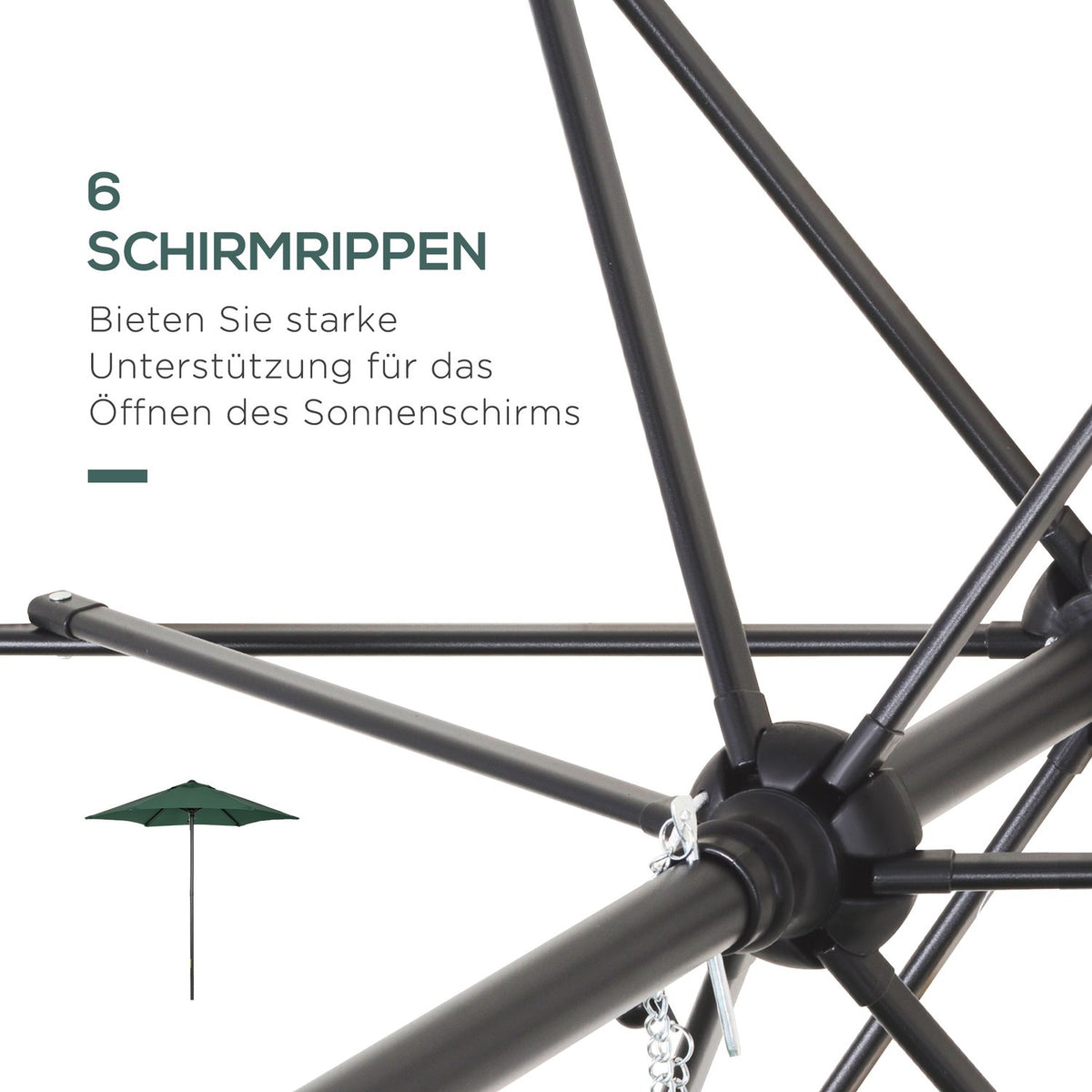 Parasol Ø196 cm, parasol with folding function, hexagonal balcony umbrella, beach umbrella, windproof, stable market umbrella, crank umbrella, sun protection for beach, balcony, garden, green