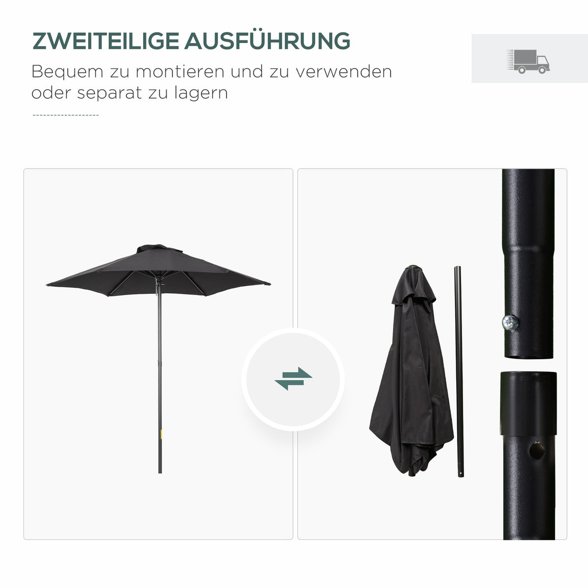 Parasol Ø196 cm, rotating parasol with folding function, hexagonal balcony umbrella, beach umbrella, windproof, stable market umbrella, crank umbrella, sun protection for beach, balcony, garden, black