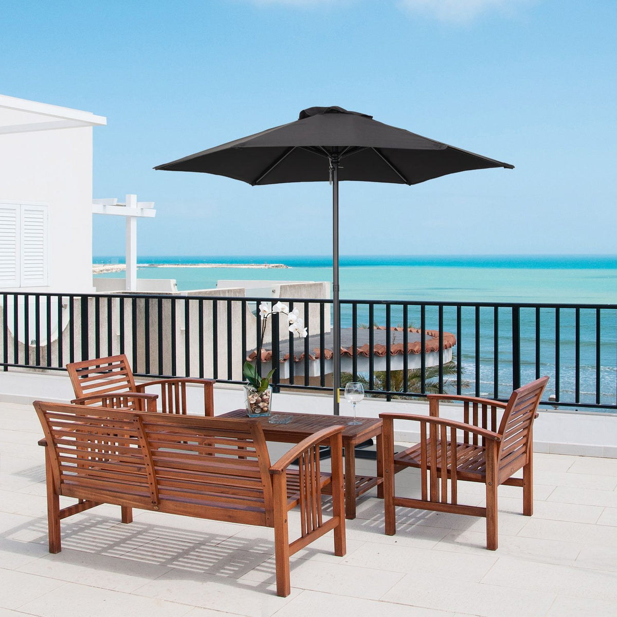Parasol Ø196 cm, rotating parasol with folding function, hexagonal balcony umbrella, beach umbrella, windproof, stable market umbrella, crank umbrella, sun protection for beach, balcony, garden, black