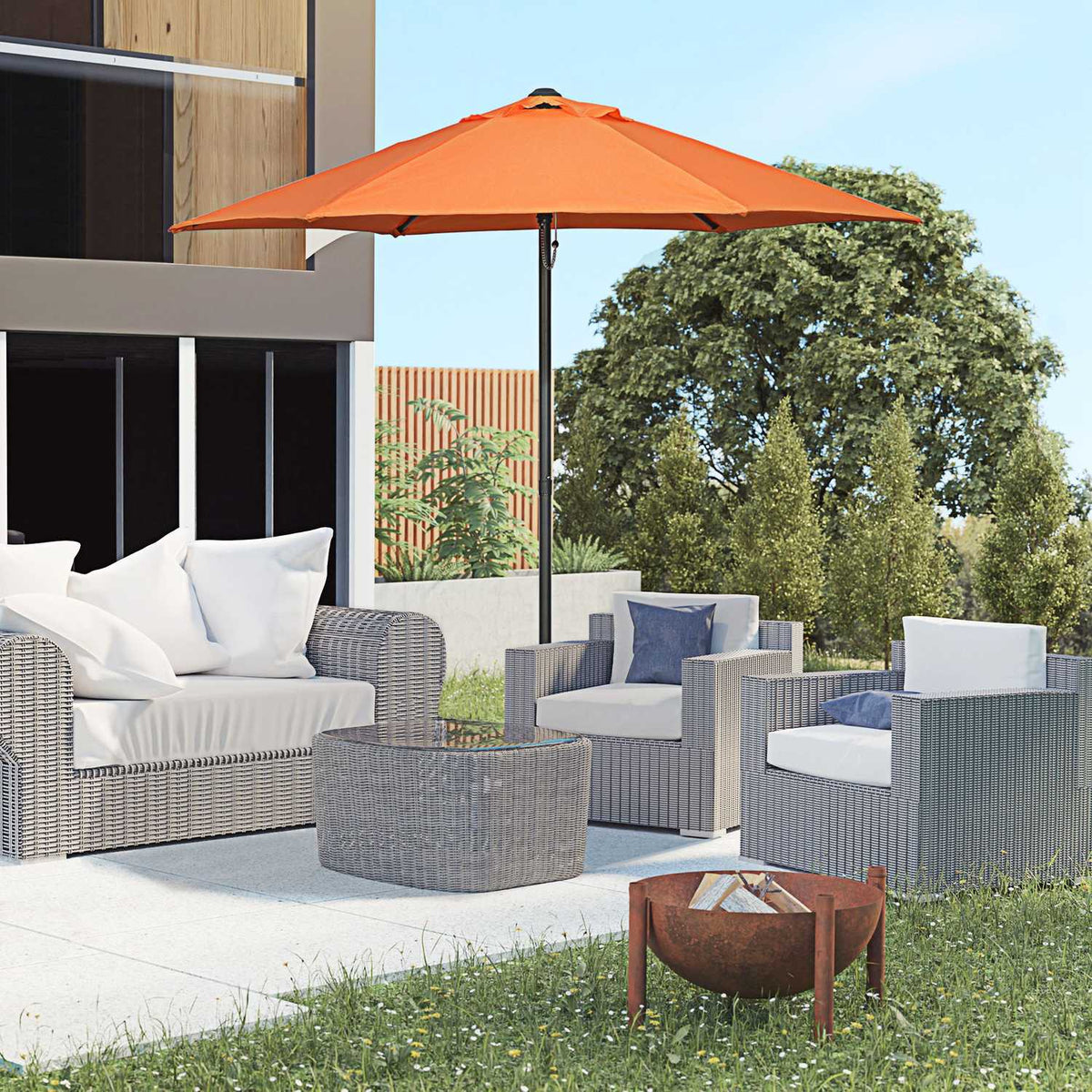 Parasol Ø196 cm, rotating parasol with folding function, hexagonal balcony umbrella, beach umbrella, windproof, stable market umbrella, crank umbrella, sun protection for beach, balcony, garden, orange